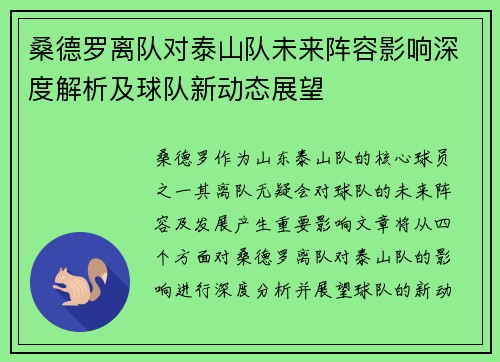 桑德罗离队对泰山队未来阵容影响深度解析及球队新动态展望