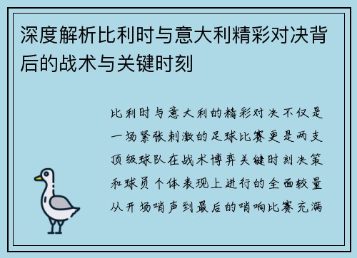 深度解析比利时与意大利精彩对决背后的战术与关键时刻