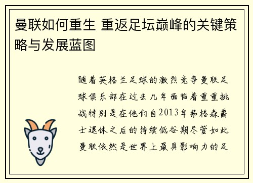 曼联如何重生 重返足坛巅峰的关键策略与发展蓝图